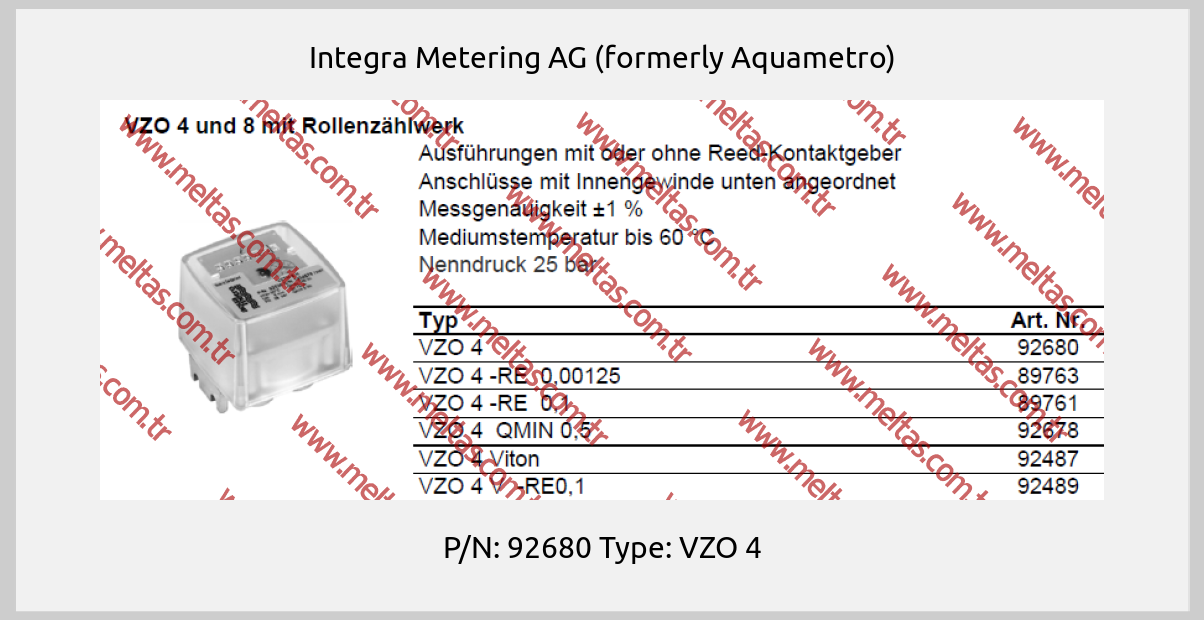 Integra Metering AG (formerly Aquametro)-P/N: 92680 Type: VZO 4