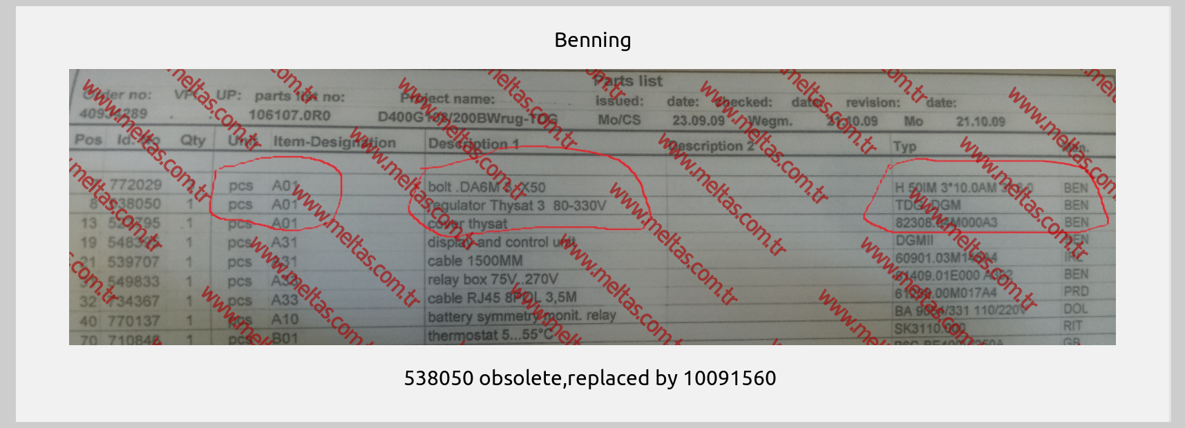 Benning - 538050 obsolete,replaced by 10091560 
