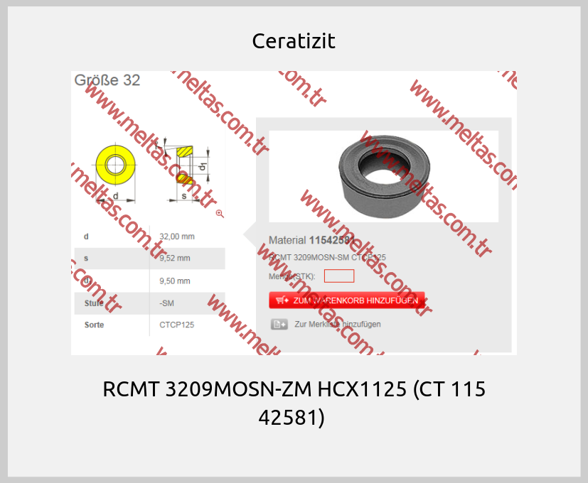 Ceratizit - RCMT 3209MOSN-ZM HCX1125 (CT 115 42581) 
