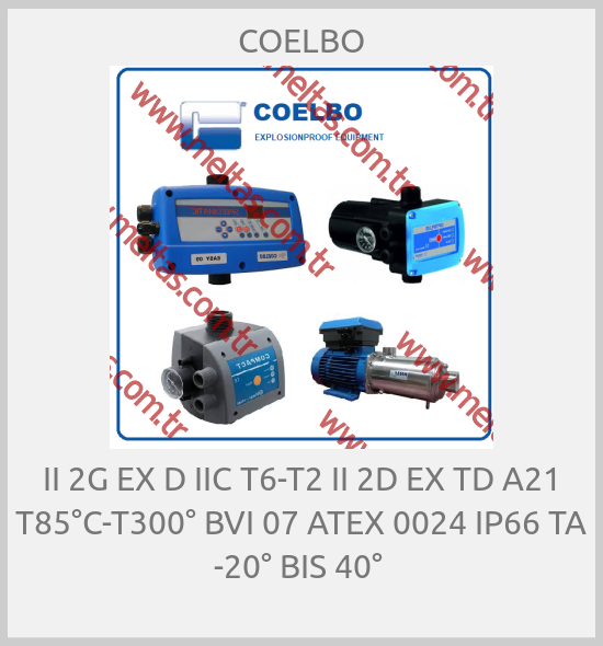 COELBO - II 2G EX D IIC T6-T2 II 2D EX TD A21 T85°C-T300° BVI 07 ATEX 0024 IP66 TA -20° BIS 40° 
