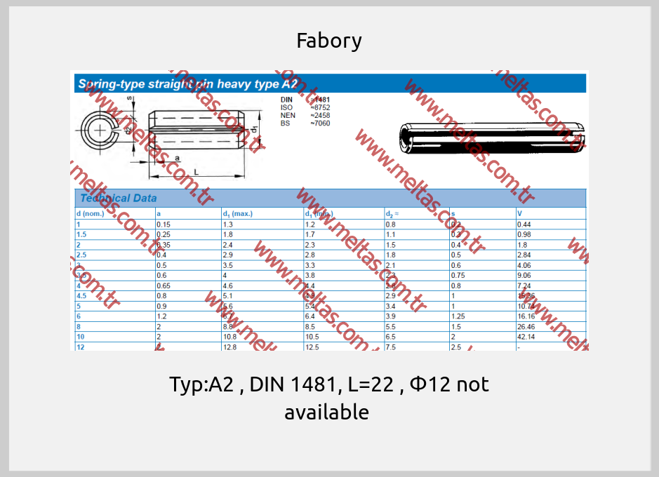 Fabory - Typ:A2 , DIN 1481, L=22 , Ф12 not available 