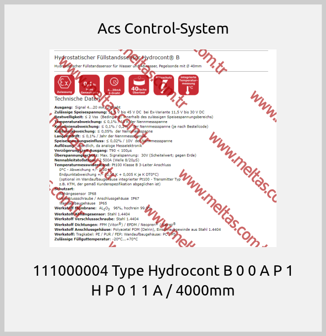 Acs Control-System-111000004 Type Hydrocont B 0 0 A P 1 H P 0 1 1 A / 4000mm