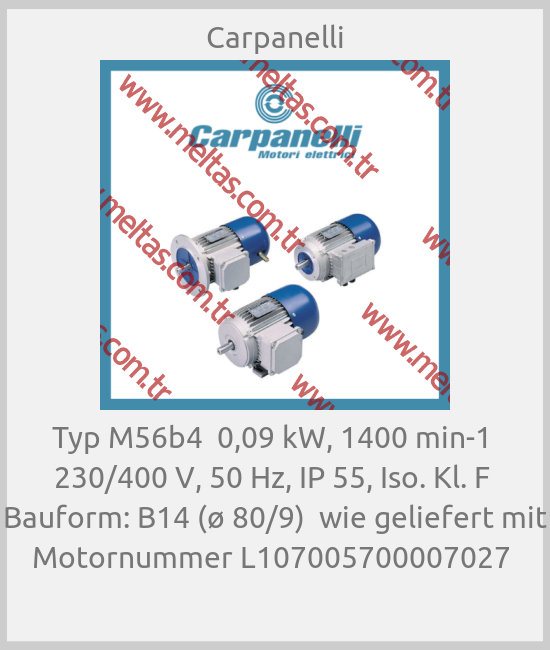 Carpanelli-Typ M56b4  0,09 kW, 1400 min-1  230/400 V, 50 Hz, IP 55, Iso. Kl. F  Bauform: B14 (ø 80/9)  wie geliefert mit Motornummer L107005700007027 