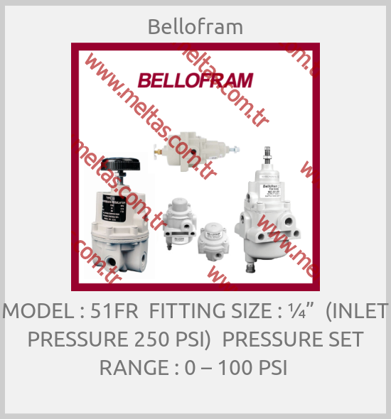 Bellofram-MODEL : 51FR  FITTING SIZE : ¼”  (INLET PRESSURE 250 PSI)  PRESSURE SET RANGE : 0 – 100 PSI 