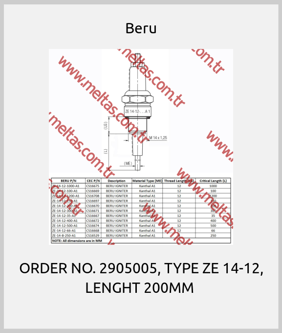 Beru - ORDER NO. 2905005, TYPE ZE 14-12, LENGHT 200MM 