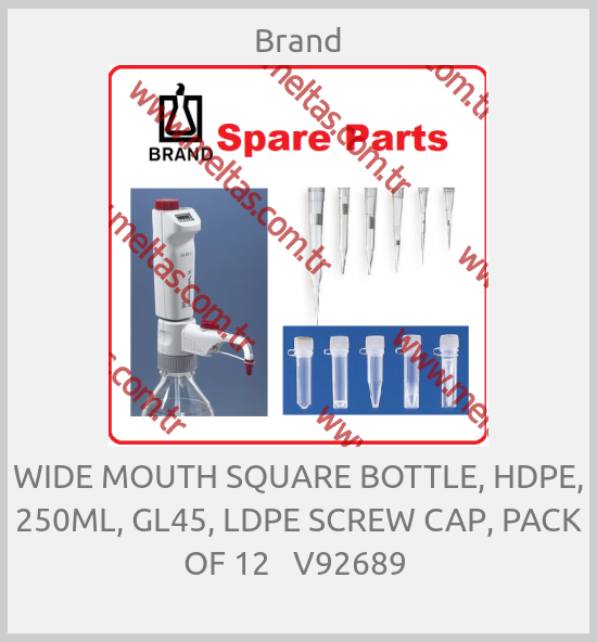 Brand - WIDE MOUTH SQUARE BOTTLE, HDPE, 250ML, GL45, LDPE SCREW CAP, PACK OF 12   V92689 